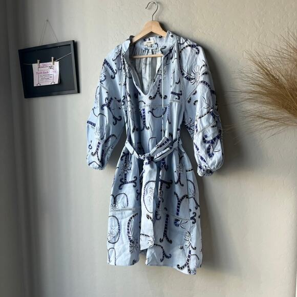 Oroton Dress Linen Lace Flower Smock Blue Floral Print Tie Neck Mini Dress 8 - Picture 3 of 10